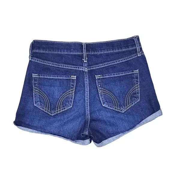 Y2K Hollister Jean Short Shorts High Rise Dark Blue Jr Sz 1 Cuffed Denim - Picture 3 of 4